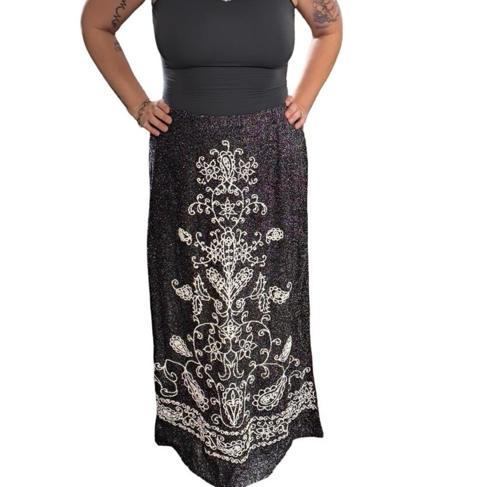 Vintage Beeline 1970s Black & Silver Metallic Beaded Maxi Skirt  Size: 18